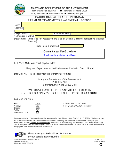 Form MDE/ARMA/PER.038 Payment Transmittal - General License - Radiological Health Program - Maryland