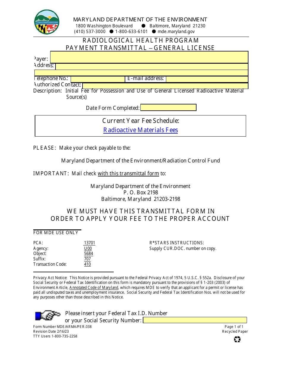 Form MDE / ARMA / PER.038 Payment Transmittal - General License - Radiological Health Program - Maryland, Page 1