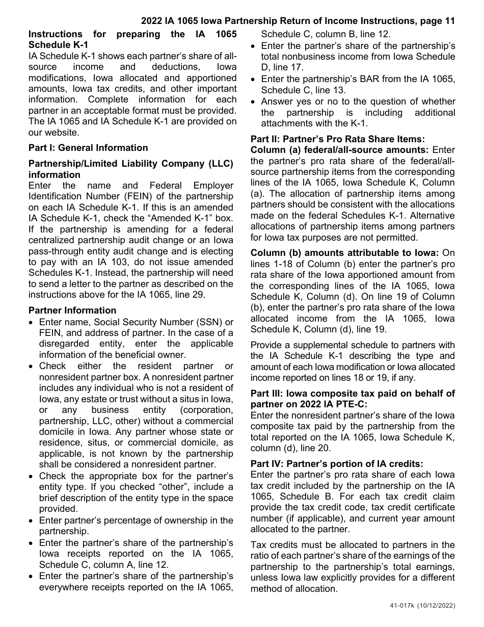 Instructions for Form IA1065, 41-018, 41-016 Schedule K-1 - Iowa, Page 11