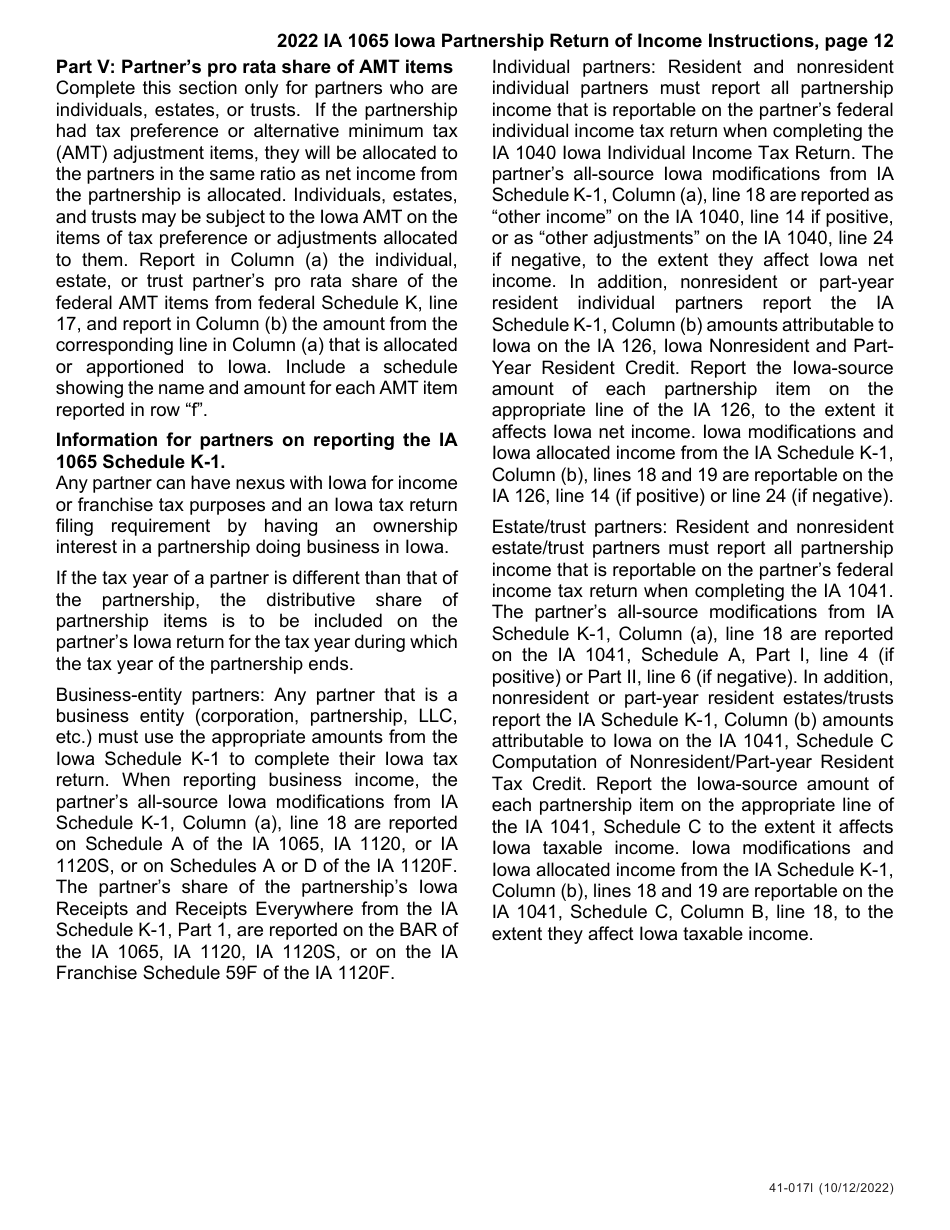 Instructions for Form IA1065, 41-018, 41-016 Schedule K-1 - Iowa, Page 12