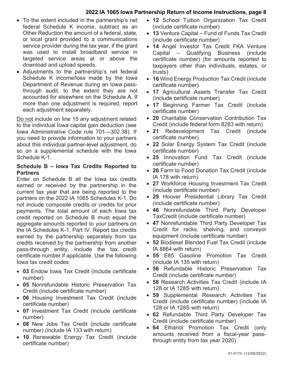 Instructions for Form IA1065, 41-018, 41-016 Schedule K-1 - Iowa, Page 8