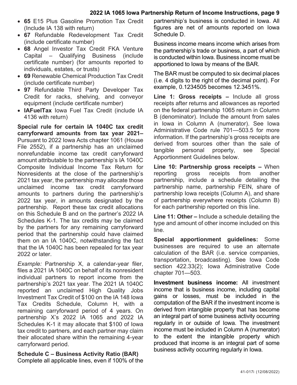 Instructions for Form IA1065, 41-018, 41-016 Schedule K-1 - Iowa, Page 9