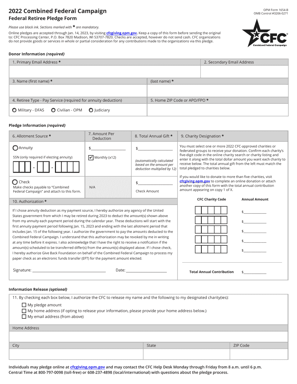 OPM Form 1654-B Federal Retiree Pledge Form - Combined Federal Campaign, Page 1