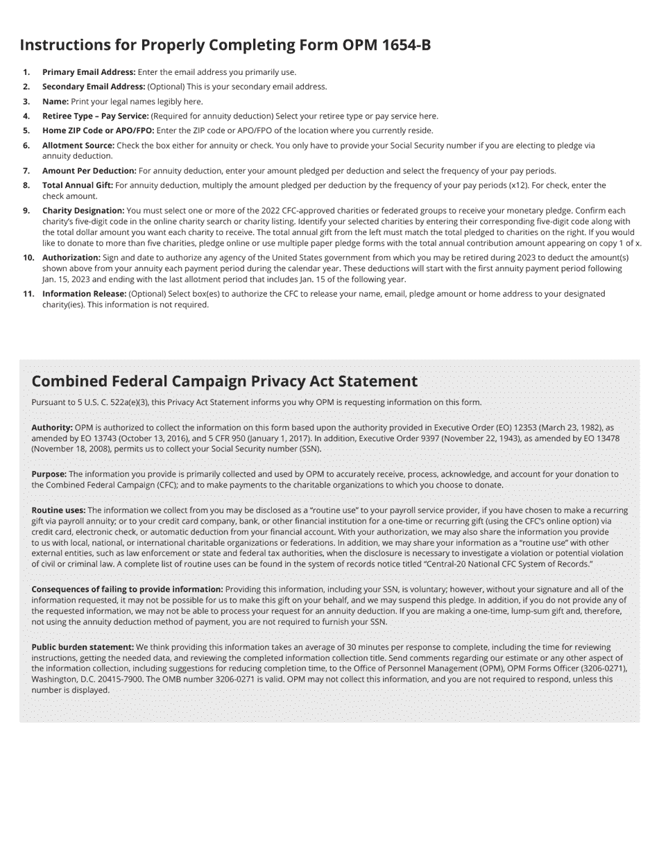 OPM Form 1654-B Federal Retiree Pledge Form - Combined Federal Campaign, Page 2