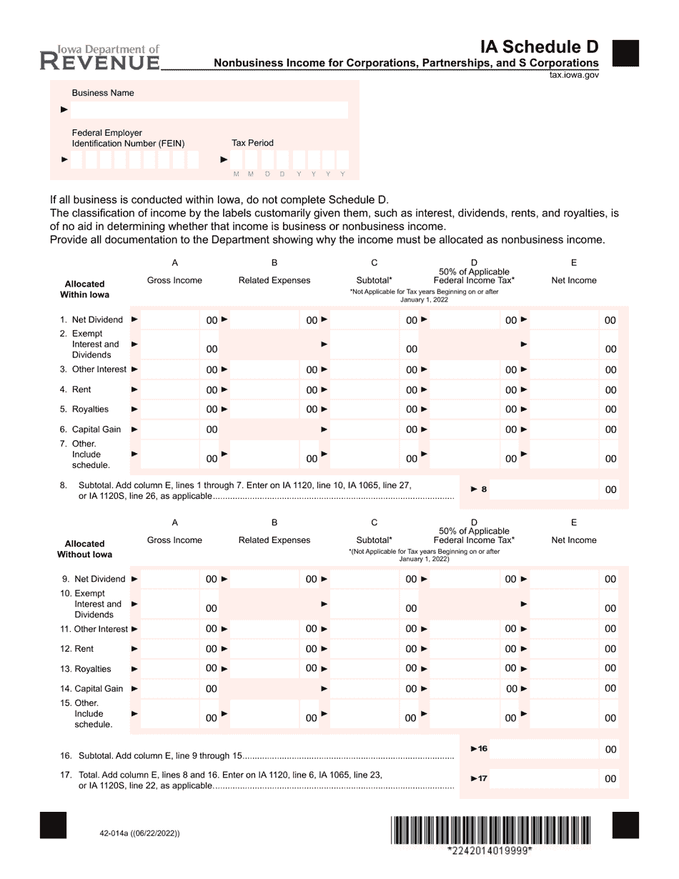 Form 42-014 Schedule D Nonbusiness Income for Corporations, Partnerships, and S Corporations - Iowa, Page 1