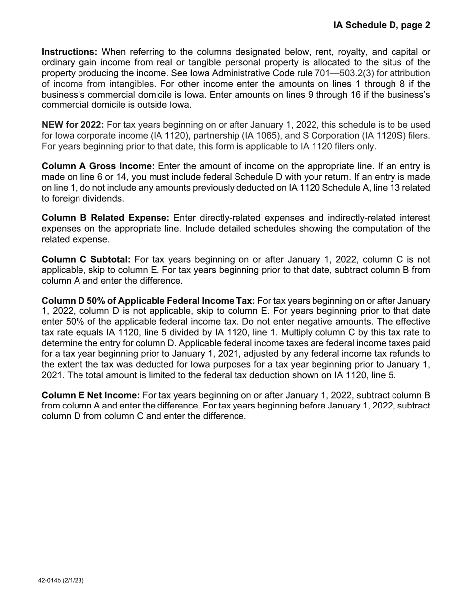 Form 42-014 Schedule D Nonbusiness Income for Corporations, Partnerships, and S Corporations - Iowa, Page 2