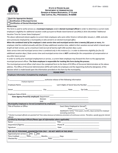 Form CS-377 Certification of Municipal Service or Elected Municipal Service - Rhode Island