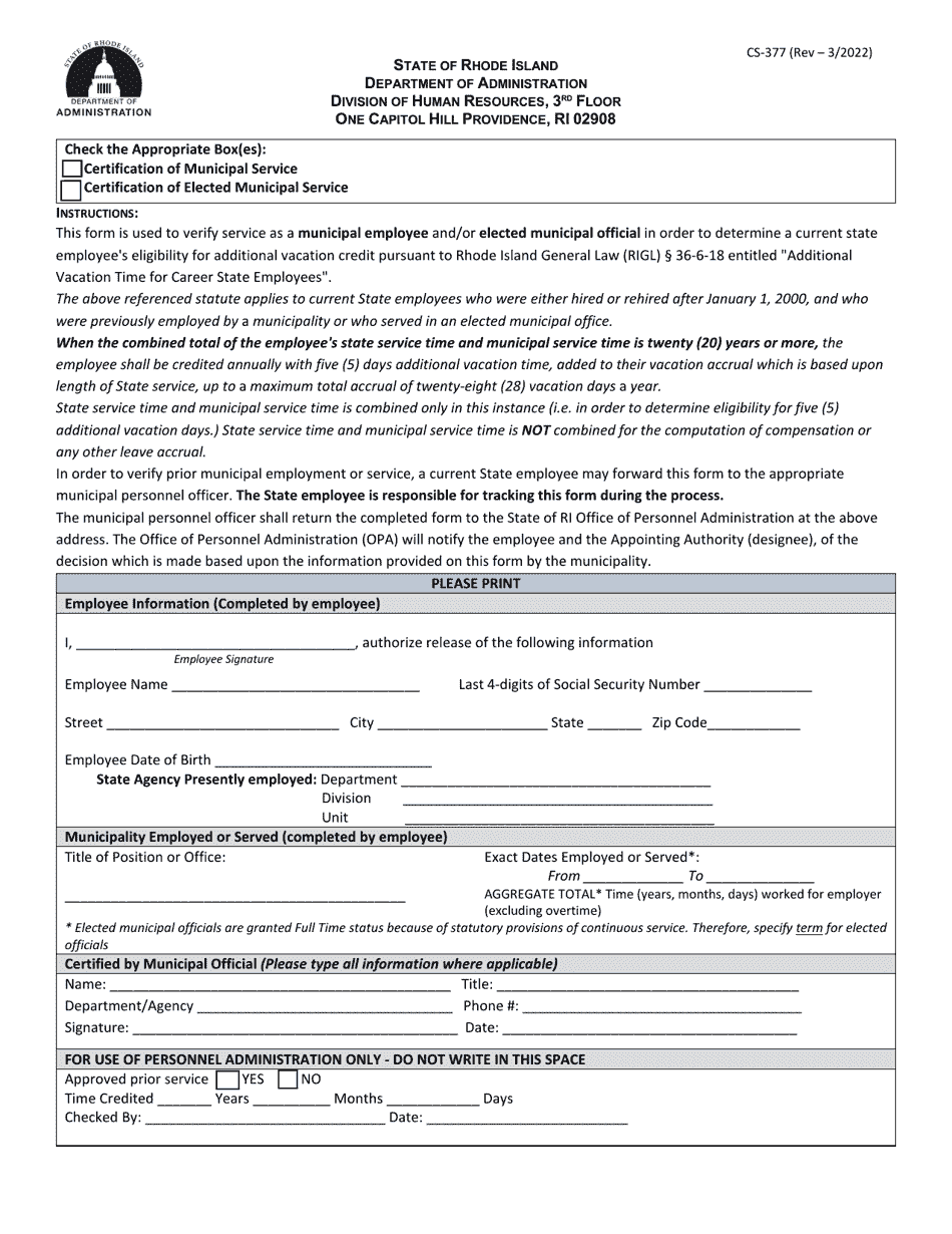 Form CS-377 Certification of Municipal Service or Elected Municipal Service - Rhode Island, Page 1