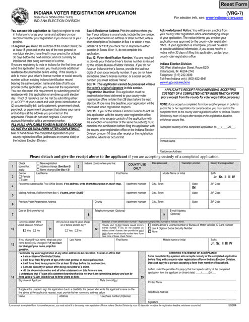 Form VRG-7 (State Form 50504) Indiana Voter Registration Application - Indiana