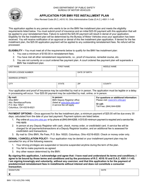 Form BMV1152 Application for Bmv Fee Installment Plan - Ohio