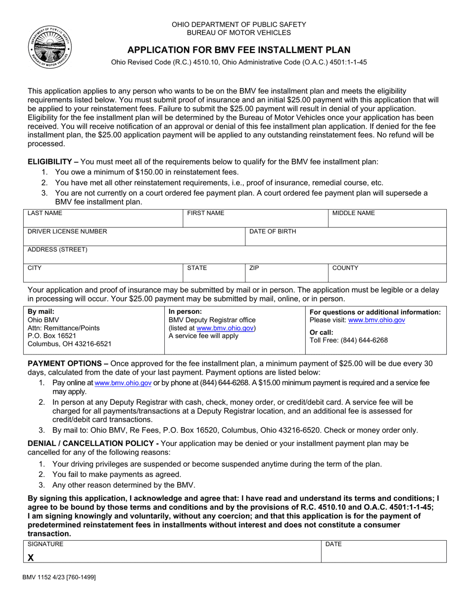 Form BMV1152 Application for Bmv Fee Installment Plan - Ohio, Page 1