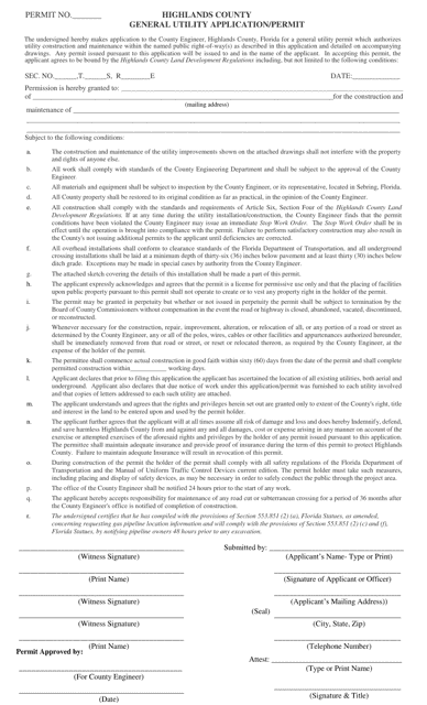 General Utility Application / Permit - Highlands County, Florida Download Pdf