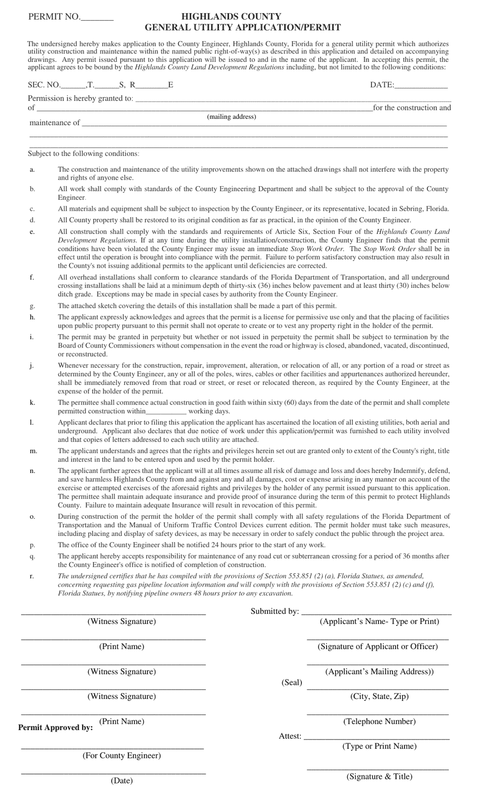 General Utility Application / Permit - Highlands County, Florida, Page 1
