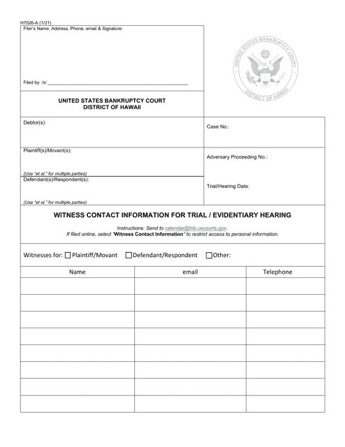 Form H7026-A Witness Contact Information for Trial/Evidentiary Hearing - Hawaii