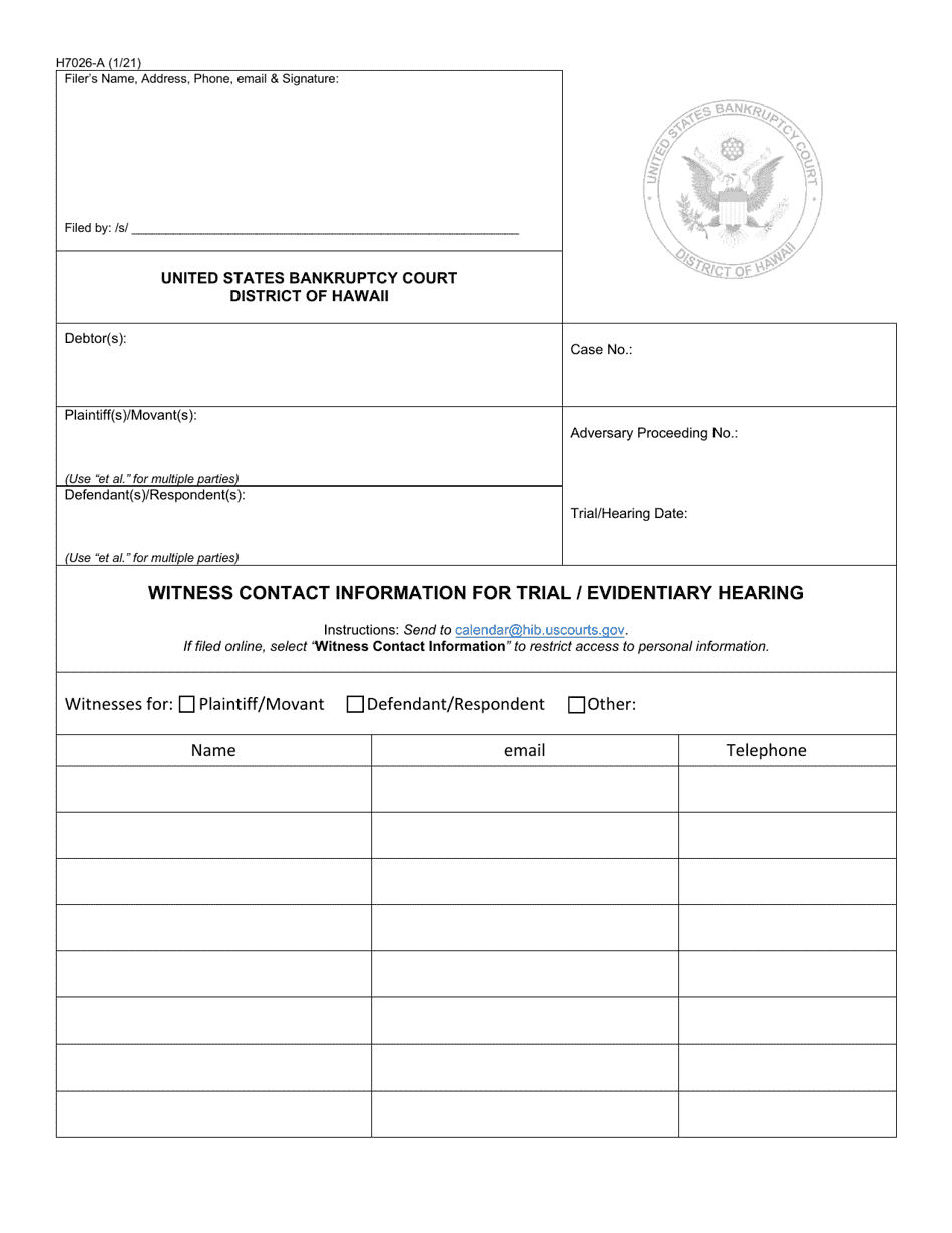Form H7026-A Witness Contact Information for Trial / Evidentiary Hearing - Hawaii, Page 1