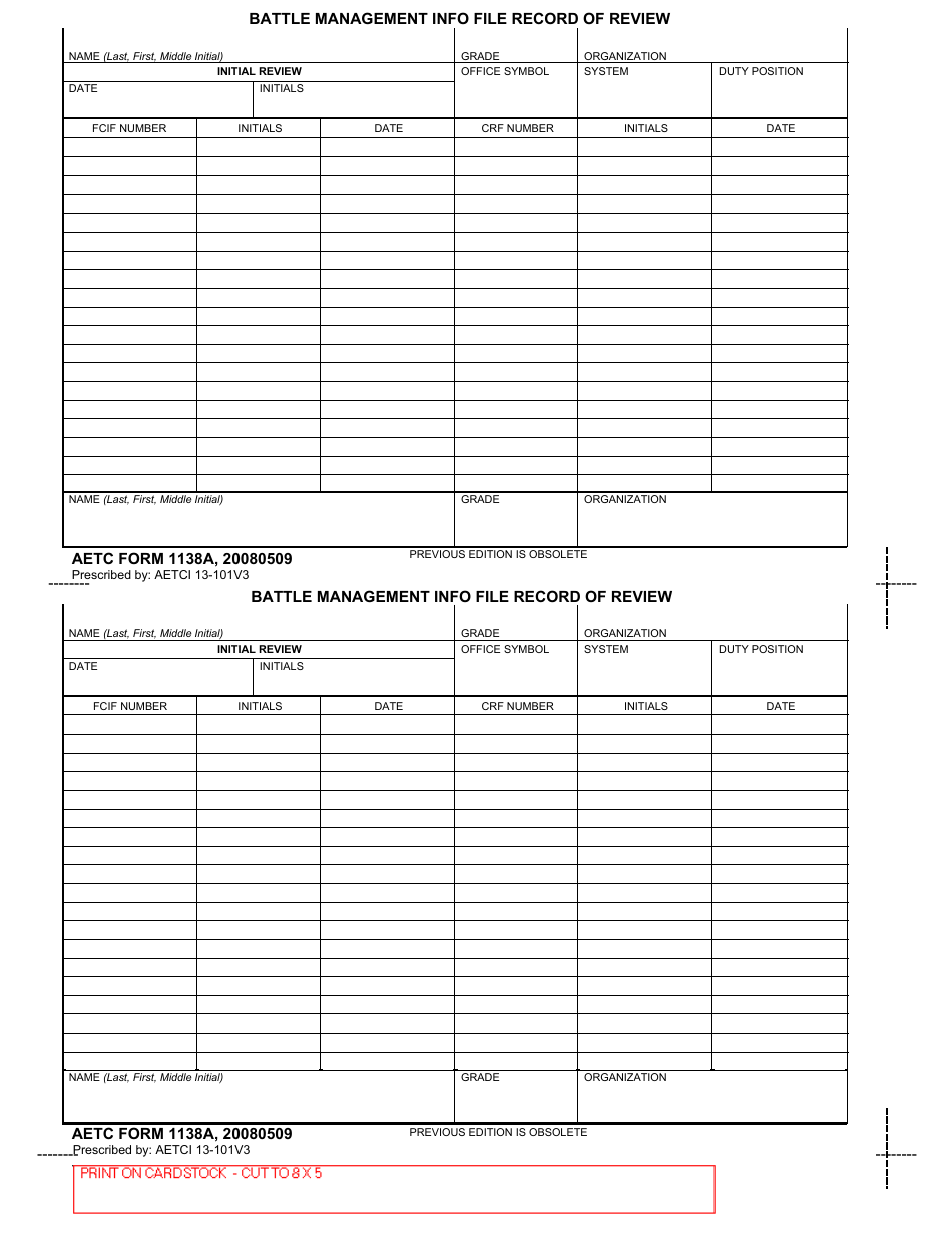 AETC Form 1138A Battle Management Info File Record of Review, Page 1