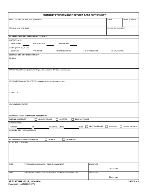 AETC Form 1122B Summary Performance Report T-38c Supt/Enjjpt