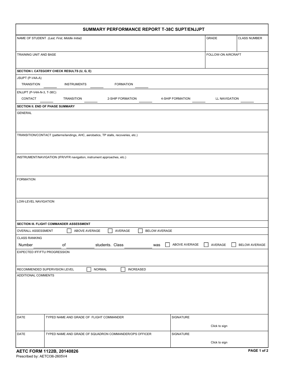 AETC Form 1122B Summary Performance Report T-38c Supt / Enjjpt, Page 1