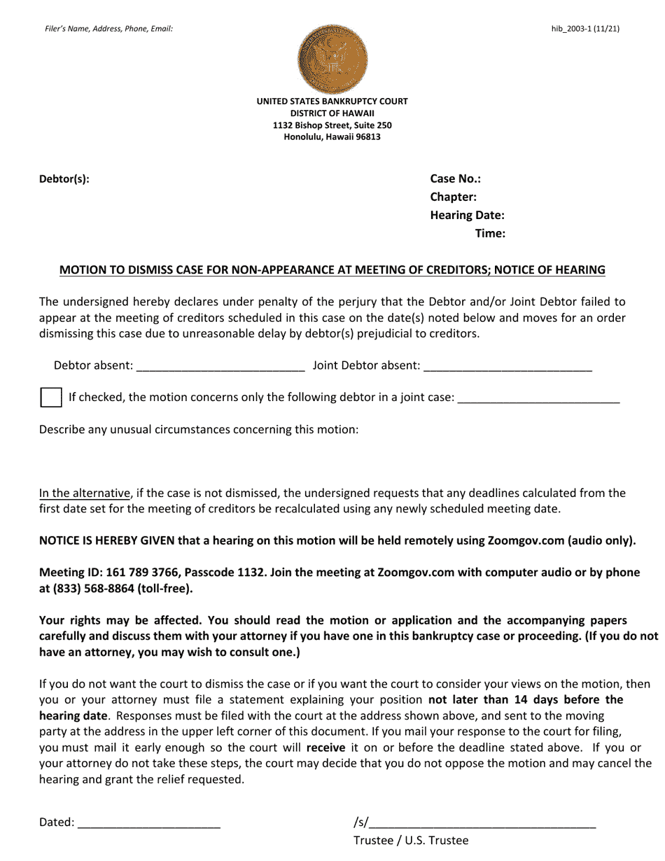 Form H2003-1 Motion to Dismiss Case for Non-appearance at Meeting of Creditors; Notice of Hearing - Hawaii, Page 1