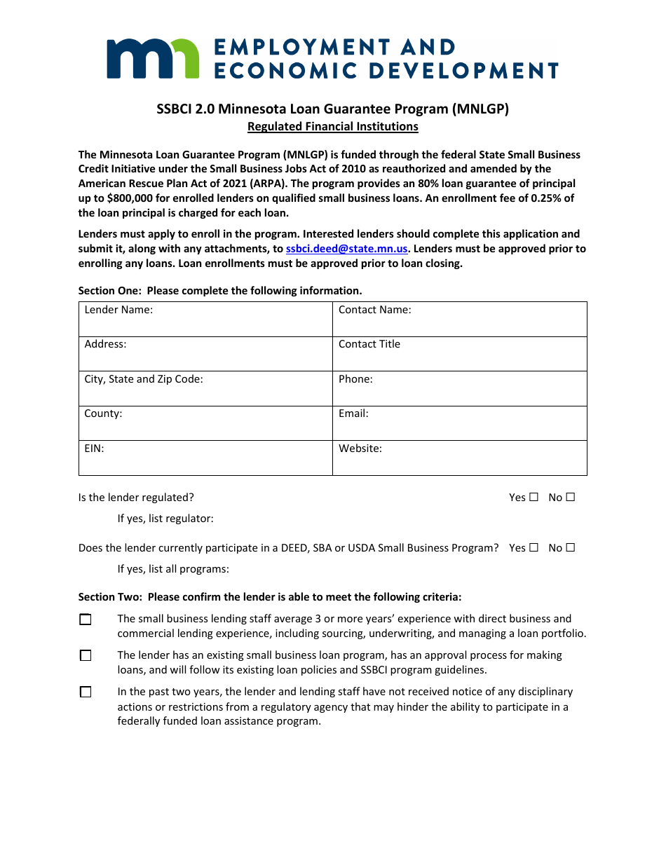 Regulated Lender Enrollment Application - Ssbci 2.0 Minnesota Loan Guarantee Program (Mnlgp) - Minnesota, Page 1