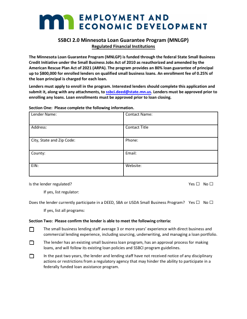 Regulated Lender Enrollment Application - Ssbci 2.0 Minnesota Loan Guarantee Program (Mnlgp) - Minnesota