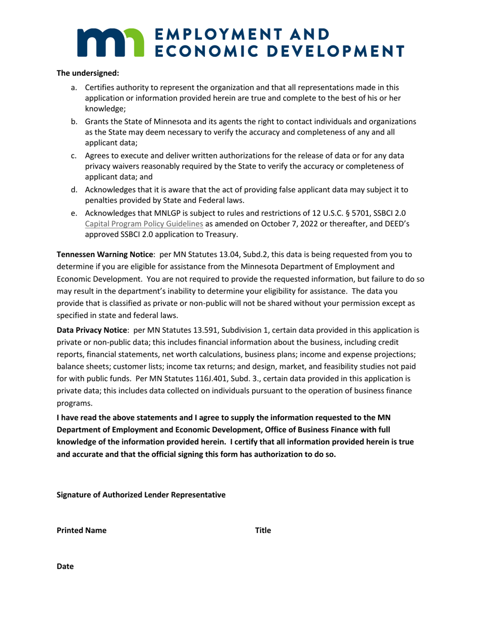 Cdfi and Nonprofit Lender Enrollment Application - Ssbci 2.0 Minnesota Loan Guarantee Program (Mnlgp) - Minnesota, Page 3