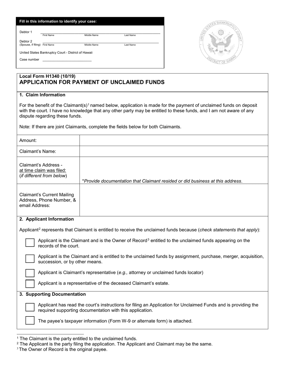 Local Form H1340 Application for Payment of Unclaimed Funds - Hawaii, Page 1