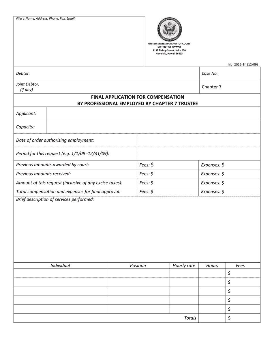 Form H2016-1F Final Application for Compensation by Professional Employed by Chapter 7 Trustee - Hawaii, Page 1