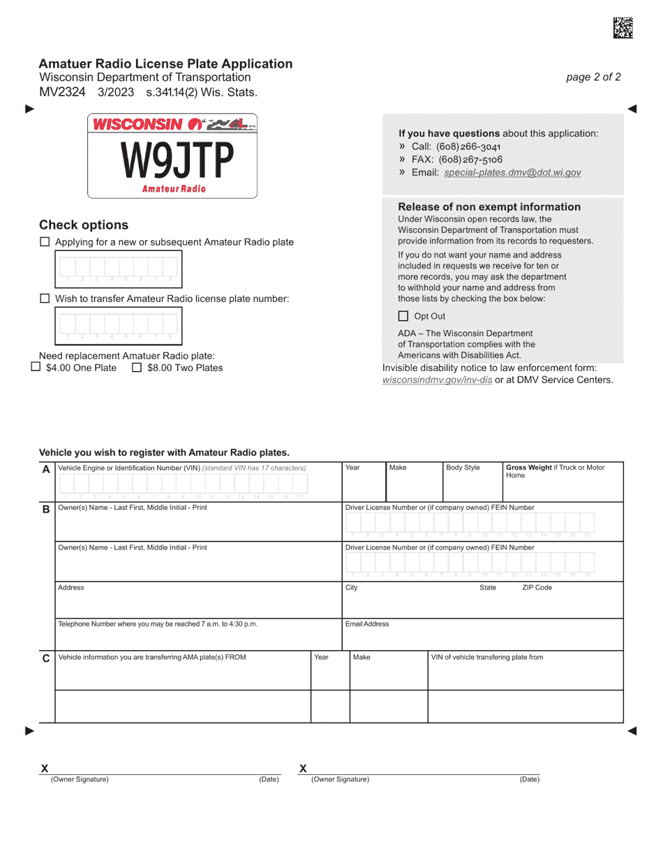 Form MV2324 Amateur Radio License Plate Application - Wisconsin, Page 2