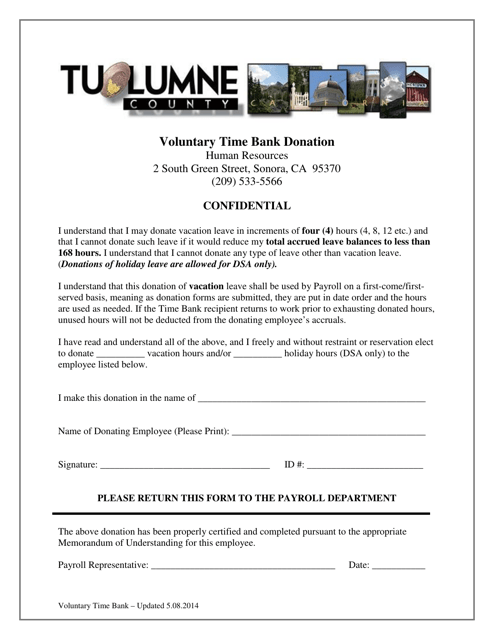 Voluntary Time Bank Donation Form - Tuolumne County, California Download Pdf