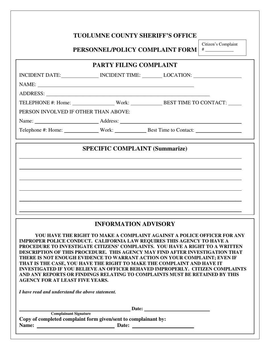 Personnel / Policy Complaint Form - Tuolumne County, California, Page 1