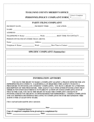 Document preview: Personnel/Policy Complaint Form - Tuolumne County, California