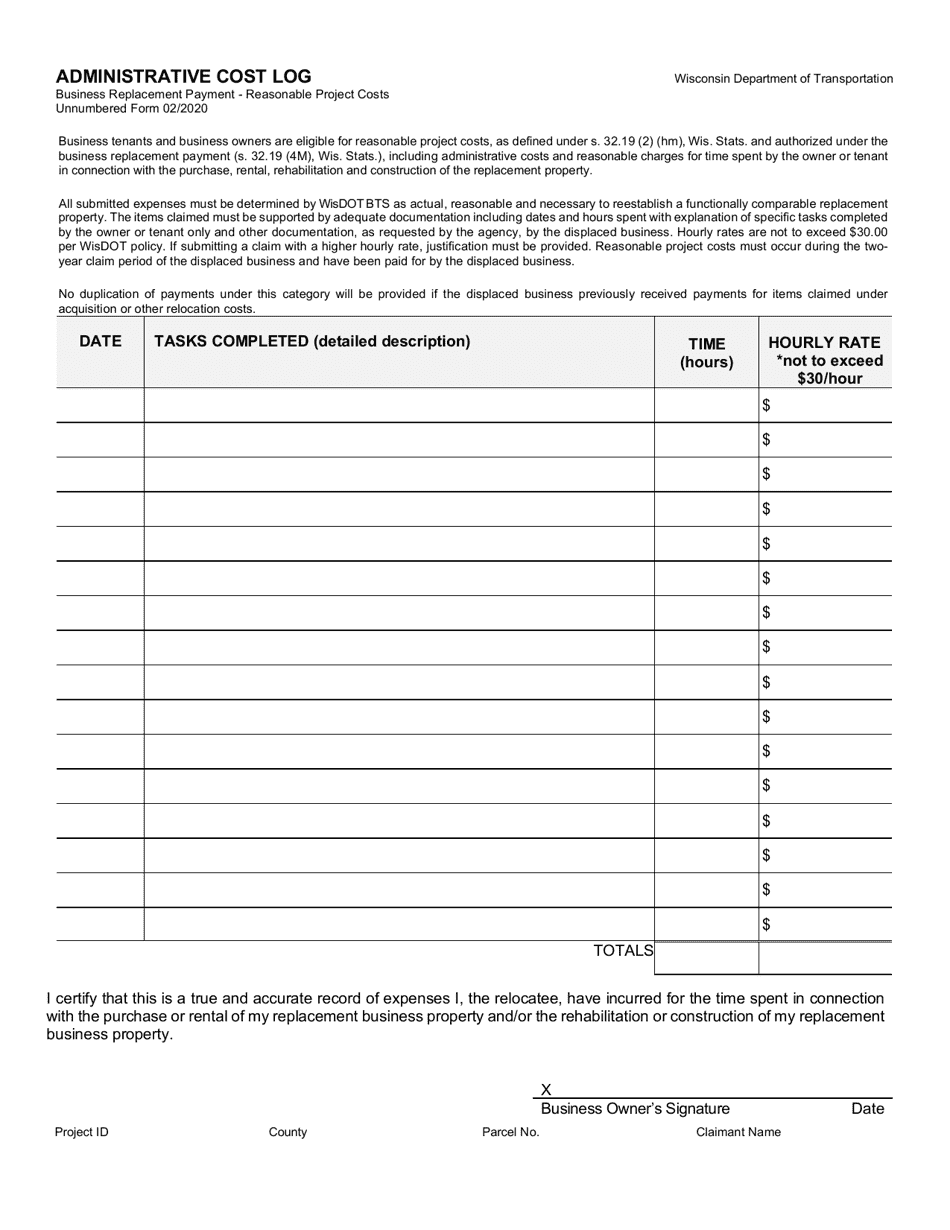 Administrative Cost Log - Wisconsin, Page 1