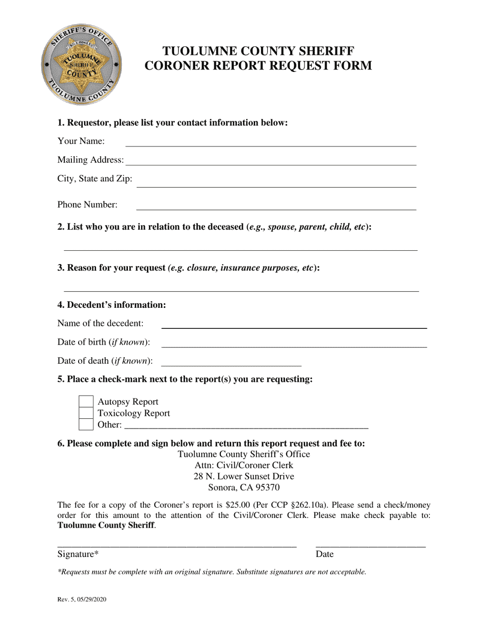 Coroner Report Request Form - Tuolumne County, California, Page 1