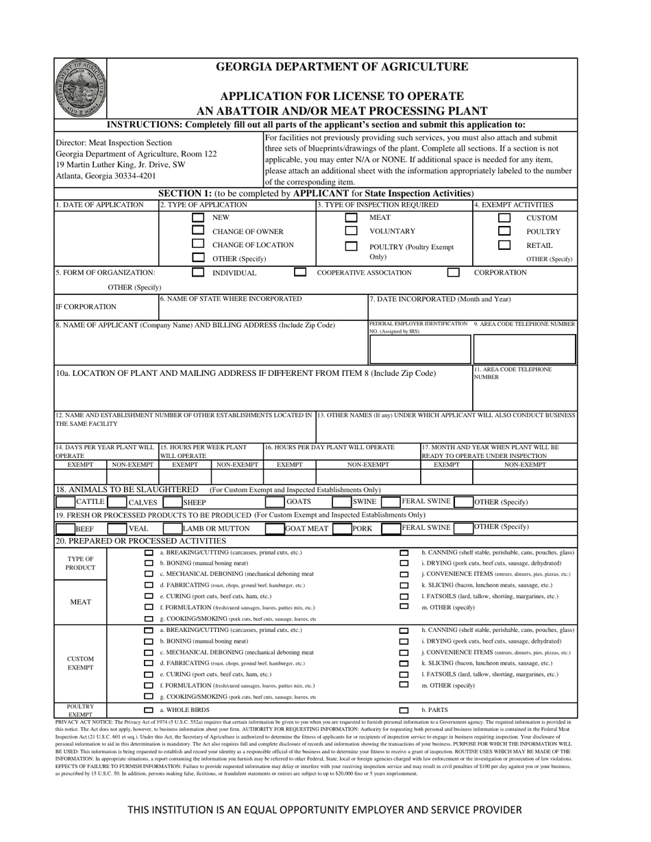 (United States) Application for License to Operate an Abattoir