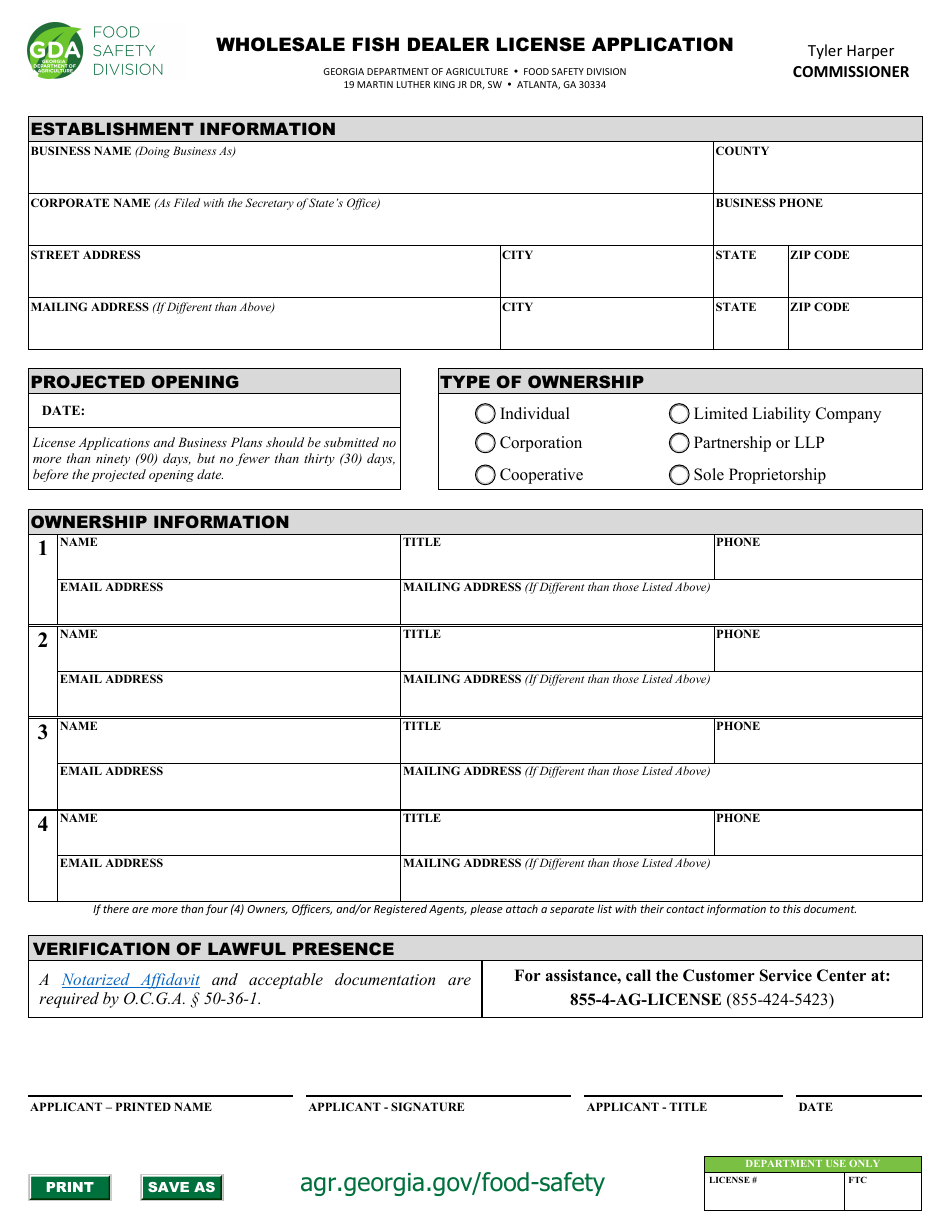 Wholesale Fish Dealer License Application - Georgia (United States), Page 1