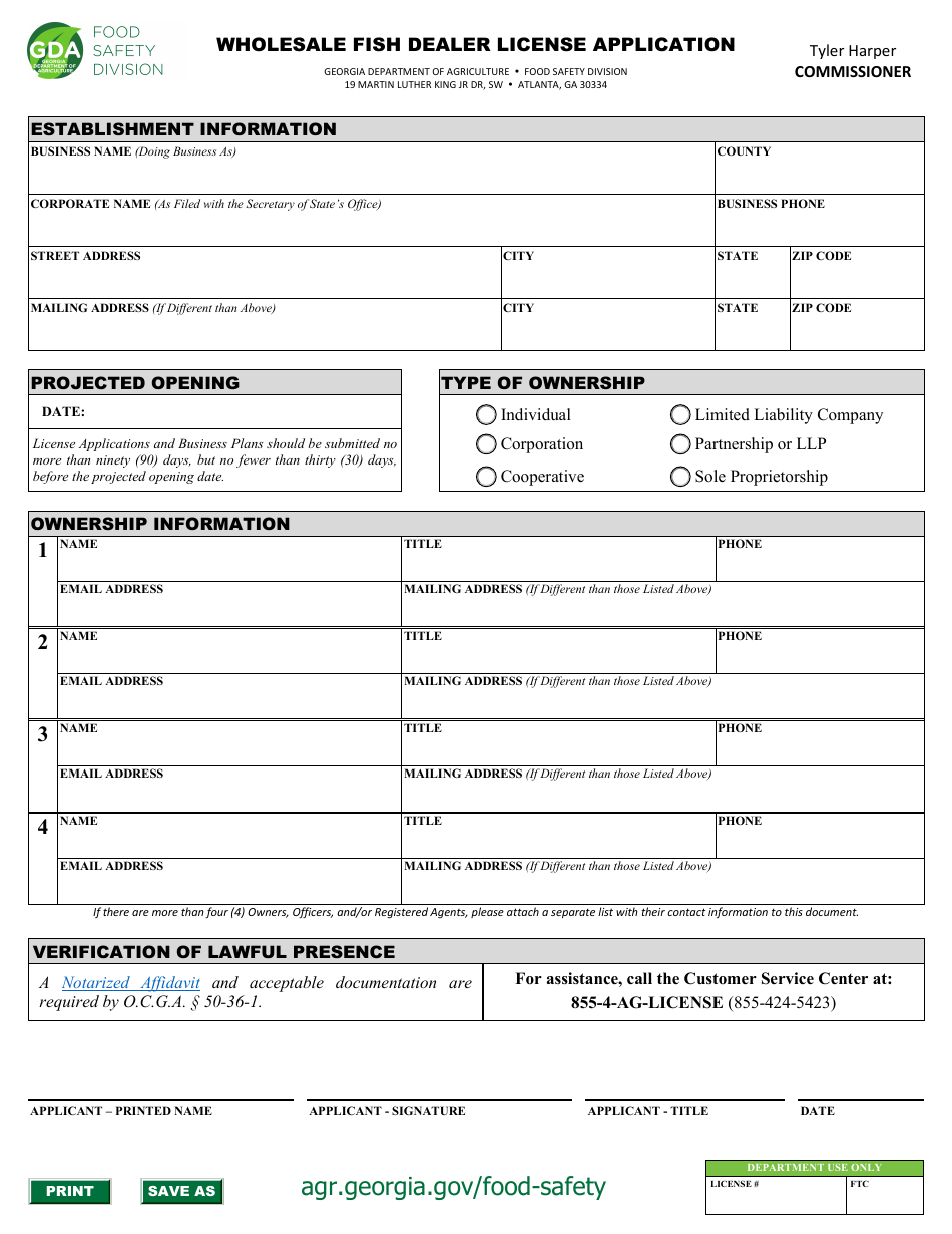 (United States) Wholesale Fish Dealer License Application
