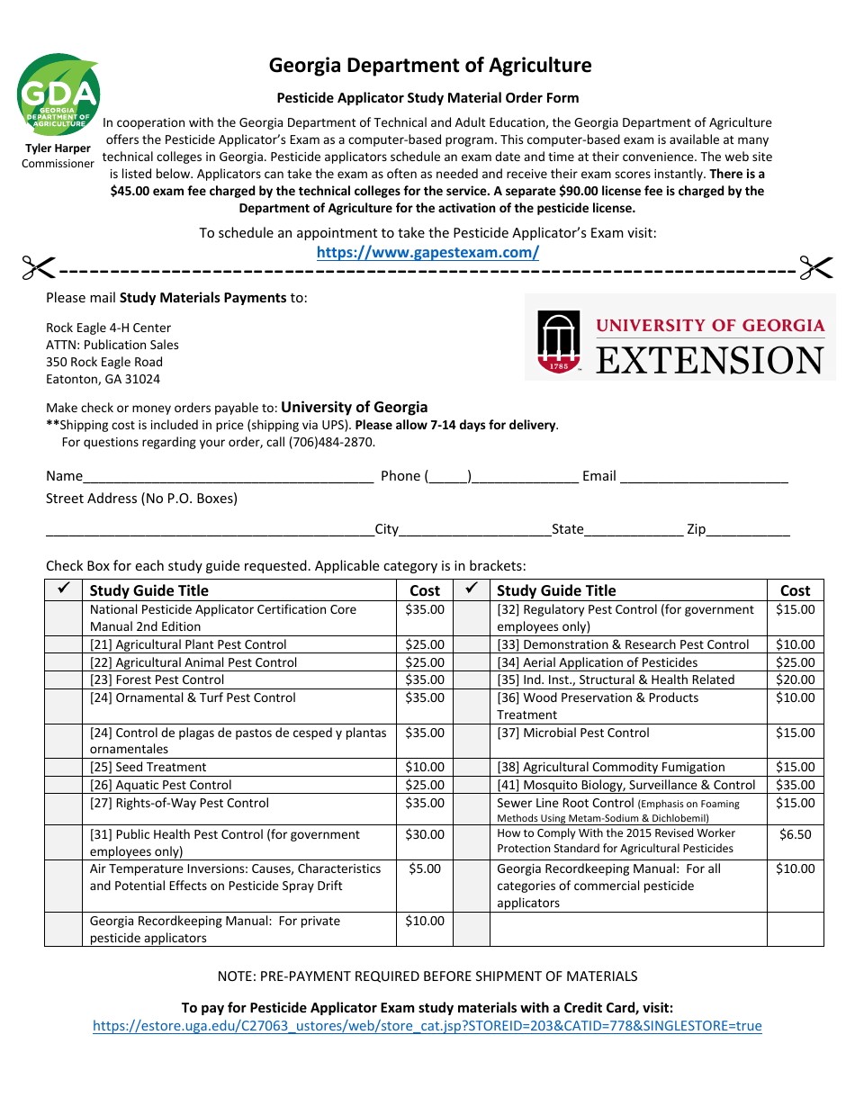 Pesticide Applicator Study Material Order Form - Georgia (United States), Page 1