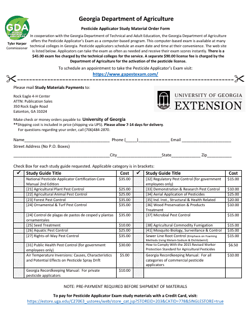 Pesticide Applicator Study Material Order Form - Georgia (United States) Download Pdf