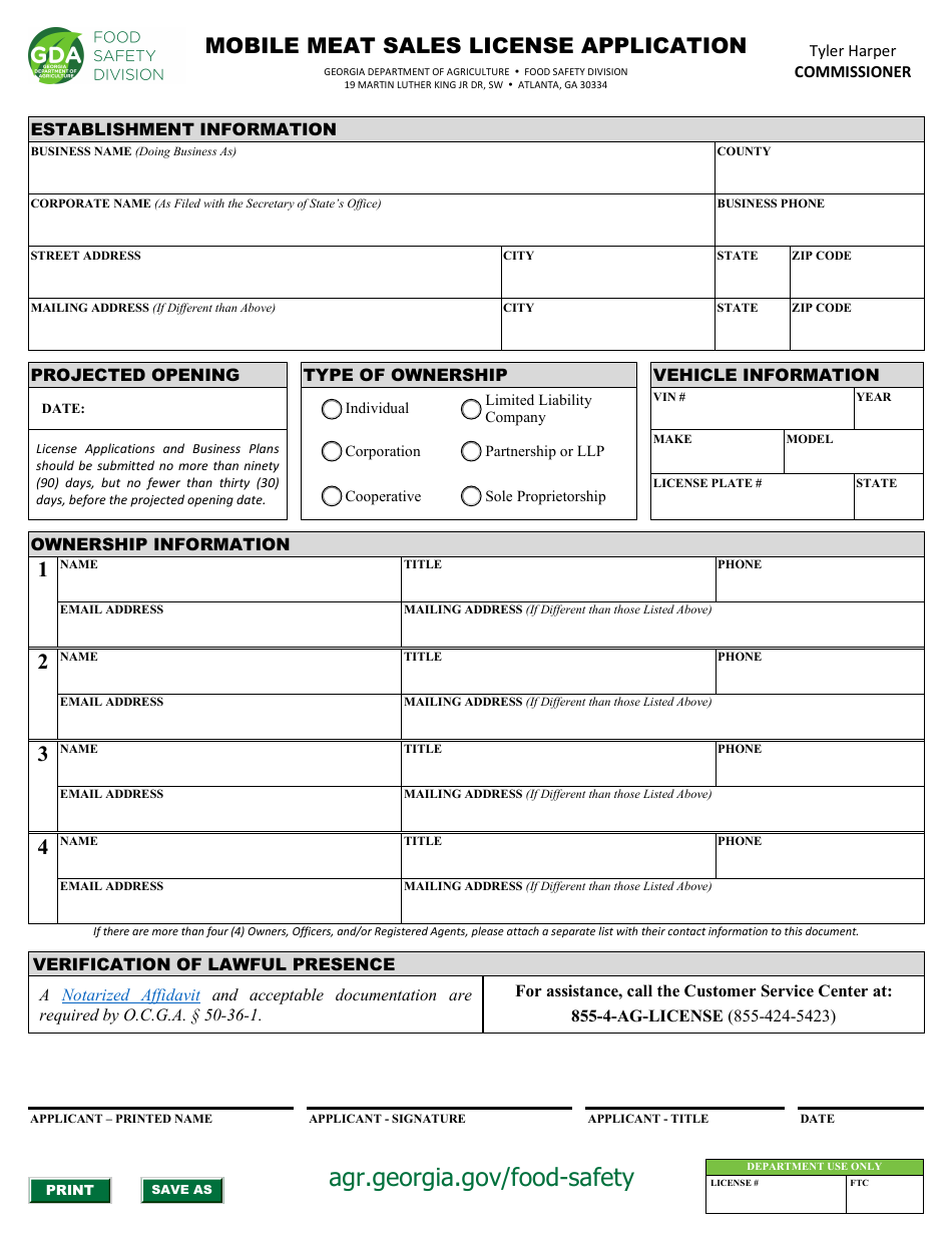 Mobile Meat Sales License Application - Georgia (United States), Page 1