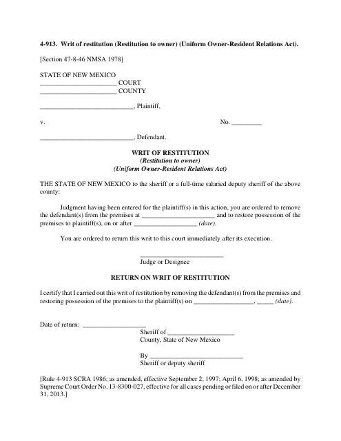 Form 4-913 Writ of Restitution (Restitution to Owner) (Uniform Owner-Resident Relations Act) - New Mexico