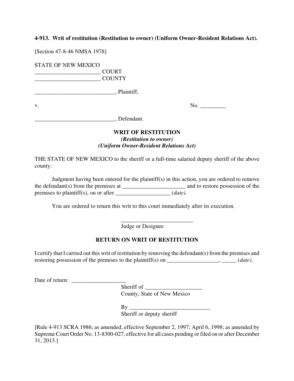 Form 4-913 Writ of Restitution (Restitution to Owner) (Uniform Owner-Resident Relations Act) - New Mexico, Page 1