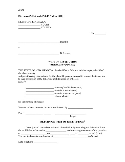 Form 4-929 Writ of Restitution (Mobile Home Park Act) - New Mexico