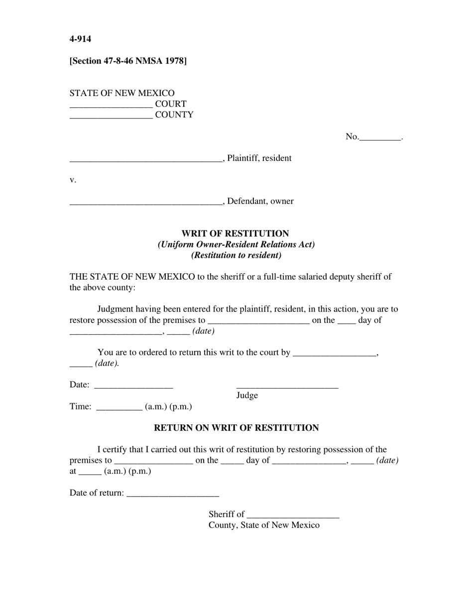 Form 4-914 Writ of Restitution (Uniform Owner-Resident Relations Act) (Restitution to Resident) - New Mexico, Page 1