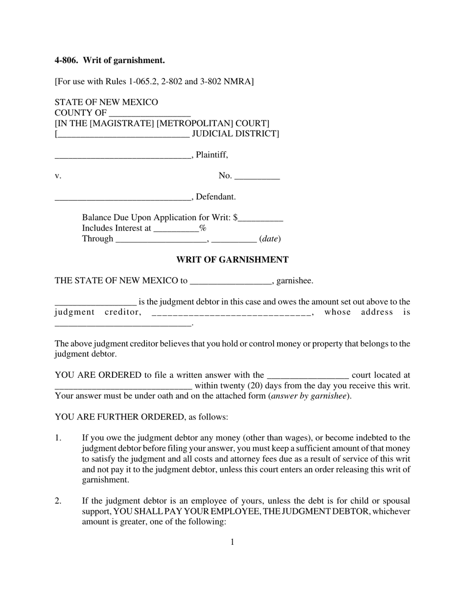 Form 4-806 Writ of Garnishment - New Mexico, Page 1