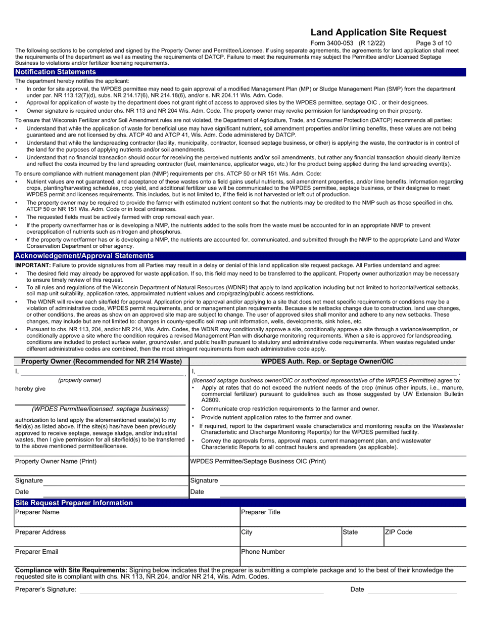 Form 3400-053 Land Application Site Request - Wisconsin, Page 3