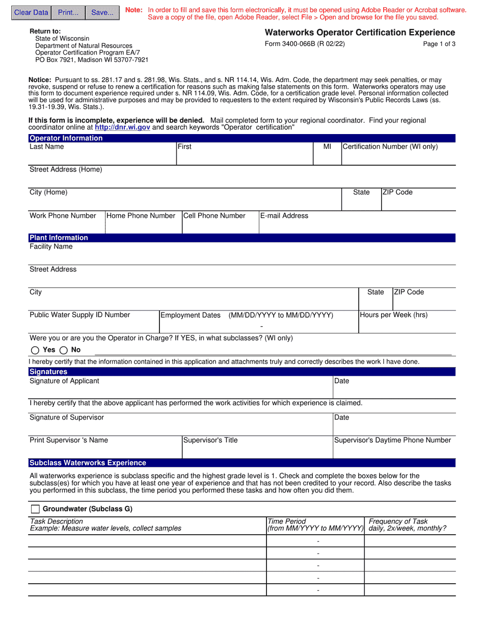 Form 3400-066B Waterworks Operator Certification Experience - Wisconsin, Page 1