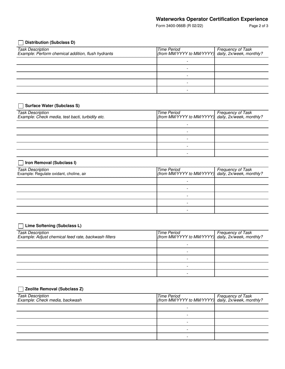 Form 3400-066B Waterworks Operator Certification Experience - Wisconsin, Page 2