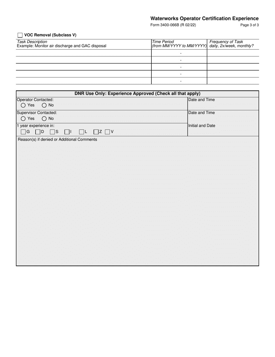 Form 3400-066B Waterworks Operator Certification Experience - Wisconsin, Page 3