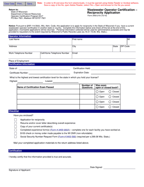 Form 3400-219  Printable Pdf